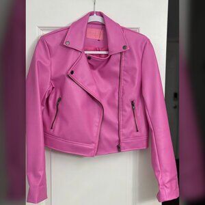 Akira Pink Cropped Faux Leather Moto Jacket